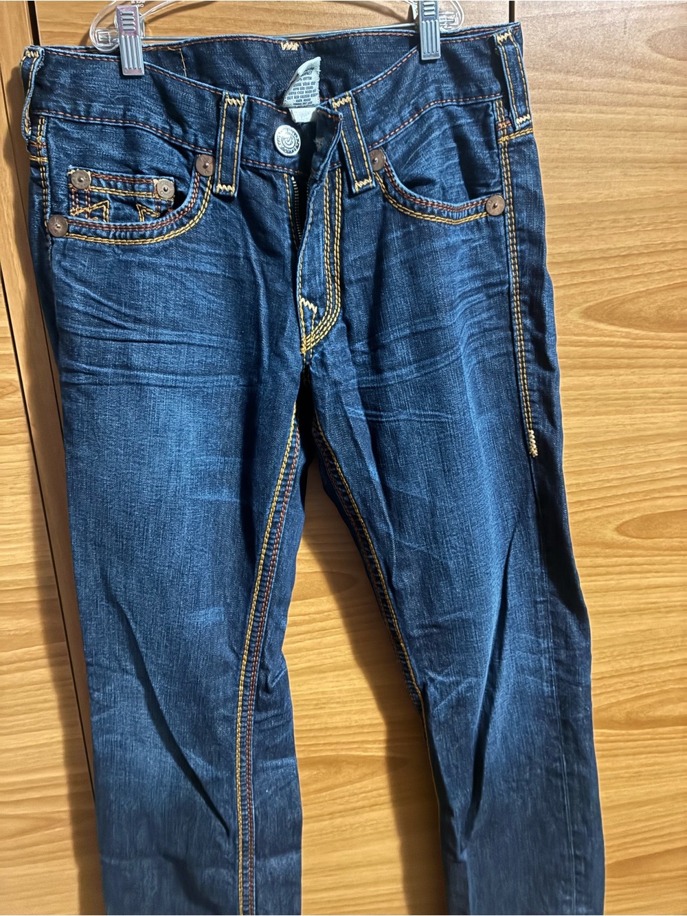 True Religion Men's Dark Blue Straight Jeans with Contrast Stitching